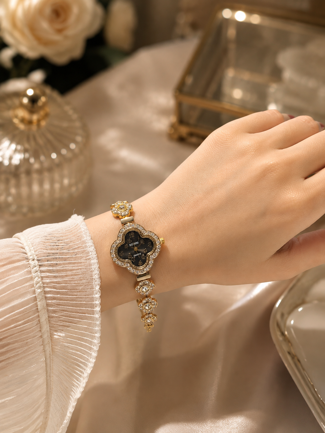Clover Crystal Gold Watches – Pink, Red & Black