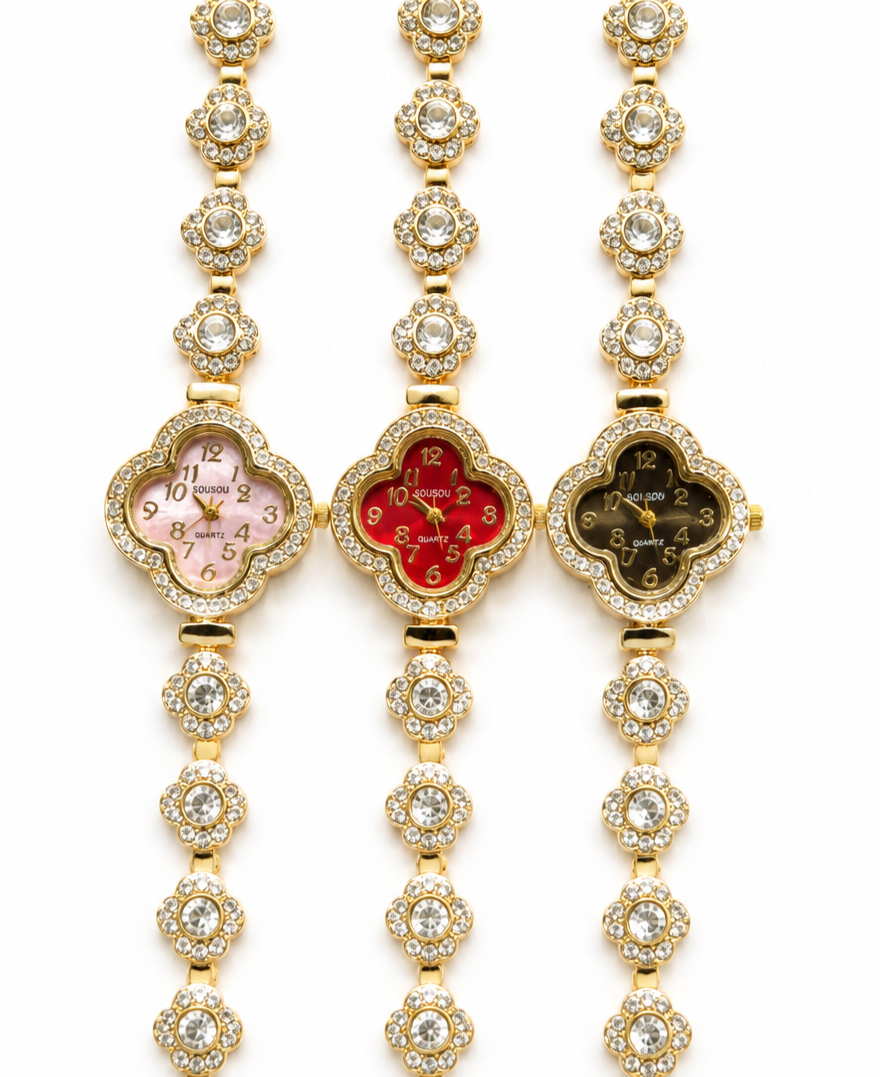 Clover Crystal Gold Watches – Pink, Red & Black
