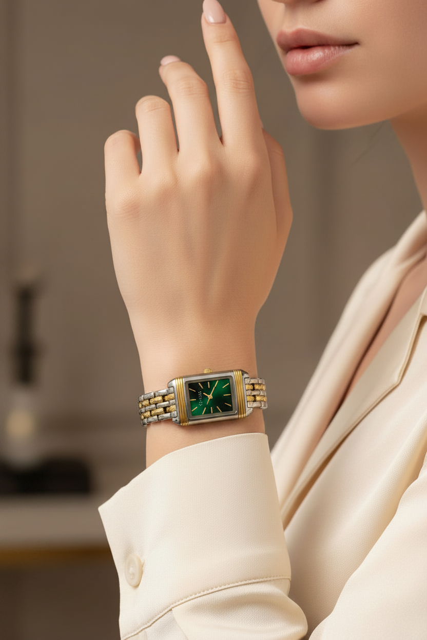 Vintage Gu-cci mix silver X gold with emerald green dail.