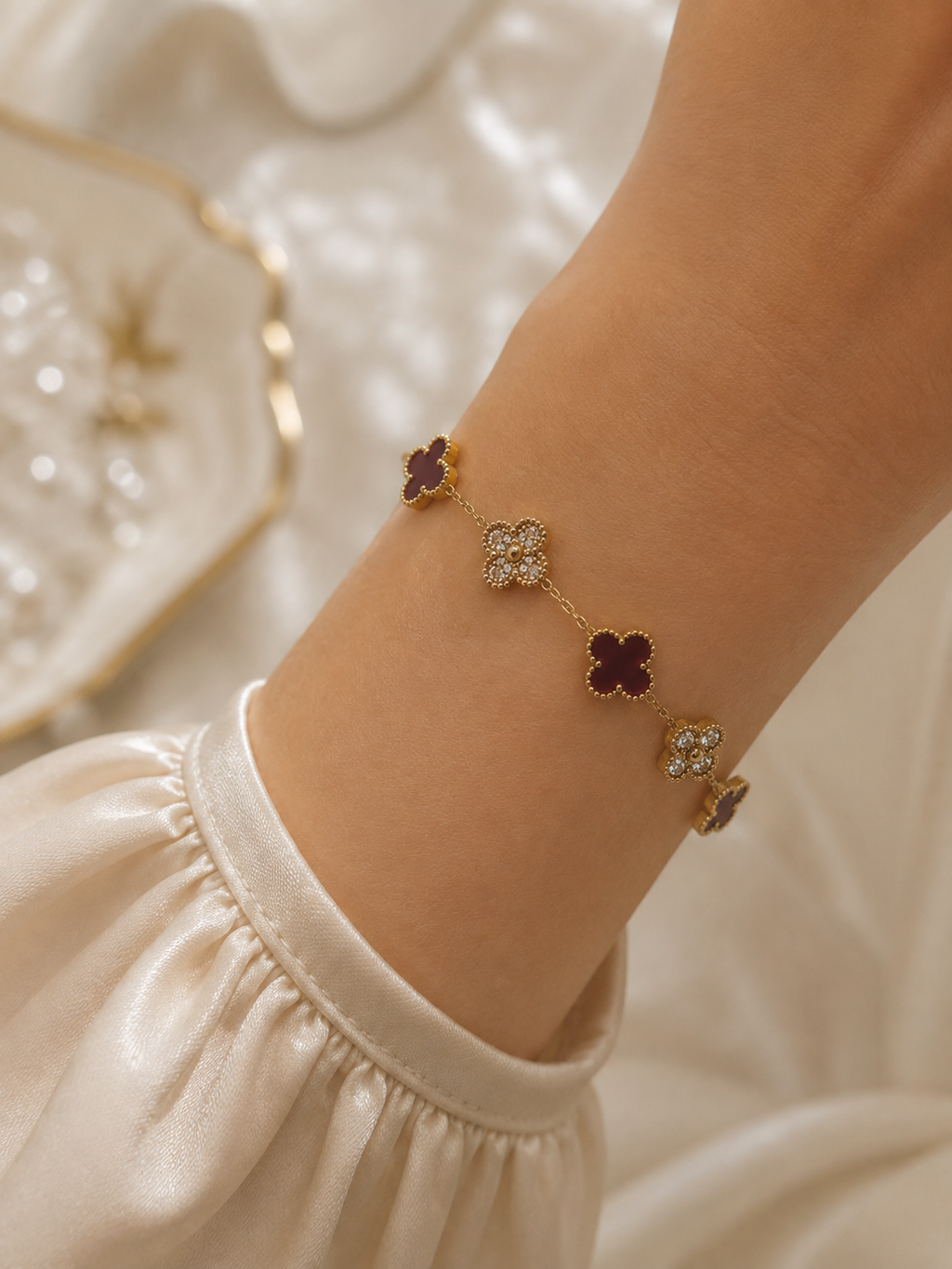 Burgundy Crystal Clover Bracelet