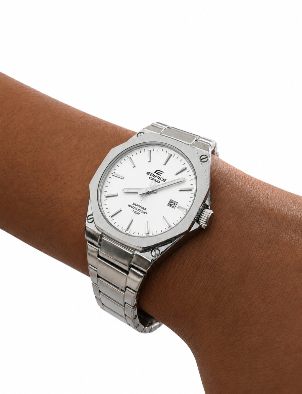 Ca-sio Edifice White Dial Stainless Steel Watch+ Box &Bag Gift.