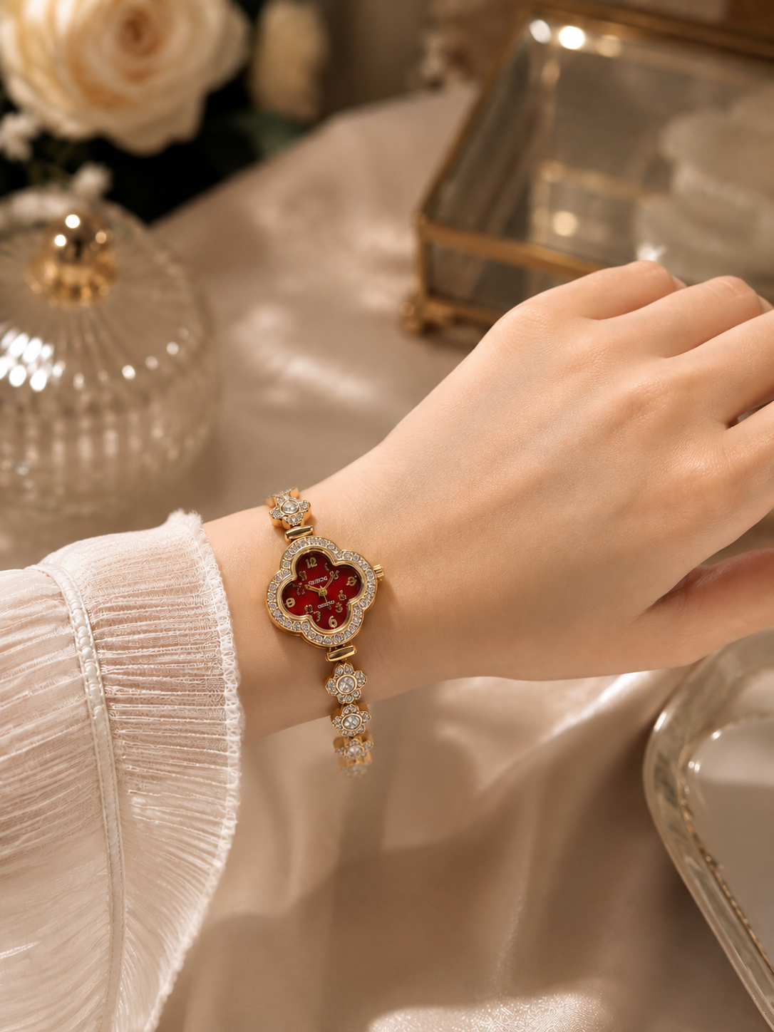 Clover Crystal Gold Watches – Pink, Red & Black