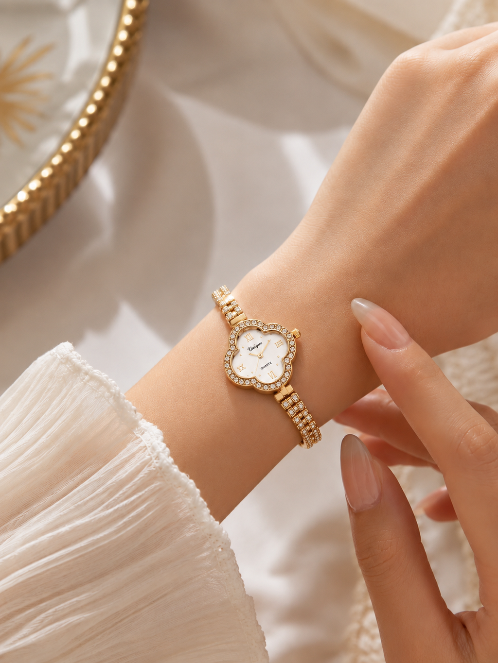 Golden Blossom Crystal Watch With white dial